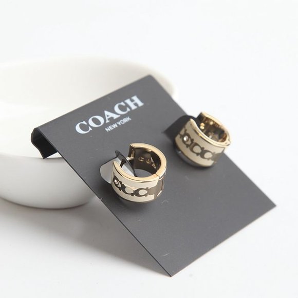 BRAND NEW COACH SIGNATURE ENAMEL HOOP EARRING GOLD/IVORY - Picture 3 of 9